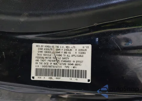 2003 Honda Cr-V Ex z USA, uszkodzony, nr VIN SHSRD78873U147011